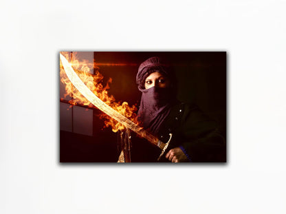 Fearless Female Warrior With Firing Sword Tempered Glass Wall Art