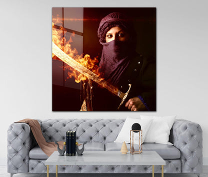 Fearless Female Warrior With Firing Sword Tempered Glass Wall Art