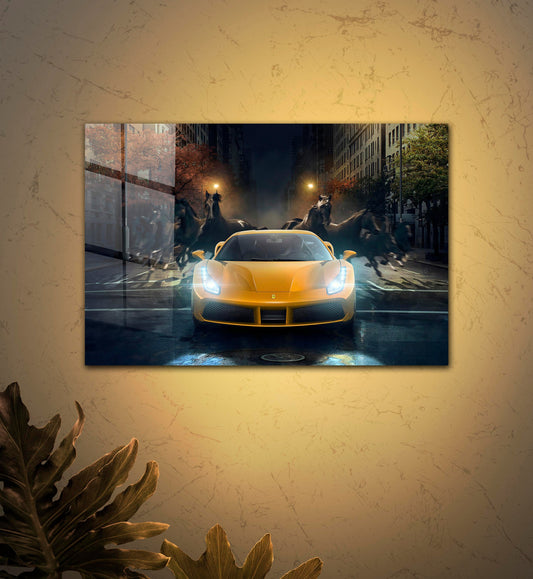 Yellow Ferrari Tempered Glass Wall Art